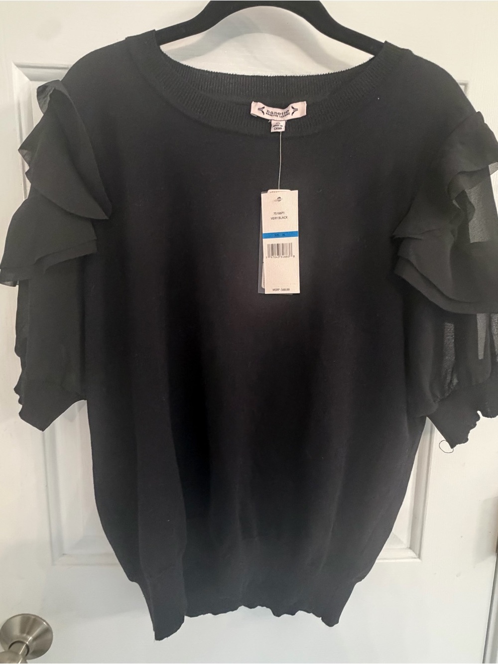 Nanette Lepore Black Ruffle Sleeve Top XL Sheer Flutter Sleeve NWT